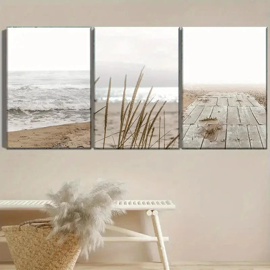 3pcs Pastel Ocean Wall Art Bohemian Paintings Metal Print Ready to Hang Art