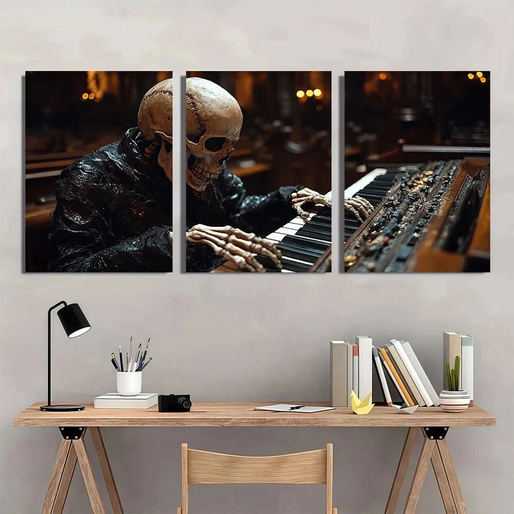 3pcs Gothic Skeleton Musician in Haunted Metal Print Ready to Hang Art