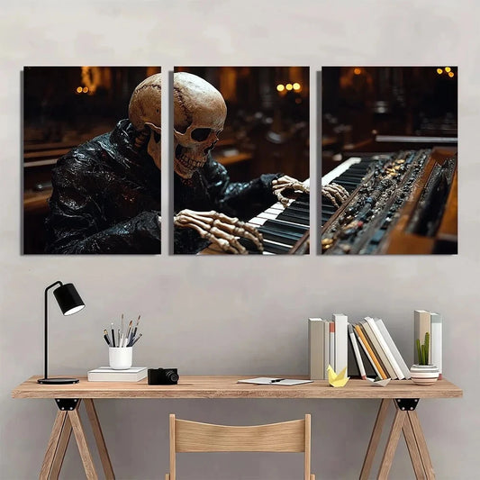 3pcs Gothic Skeleton Musician in Haunted Metal Print Ready to Hang Art