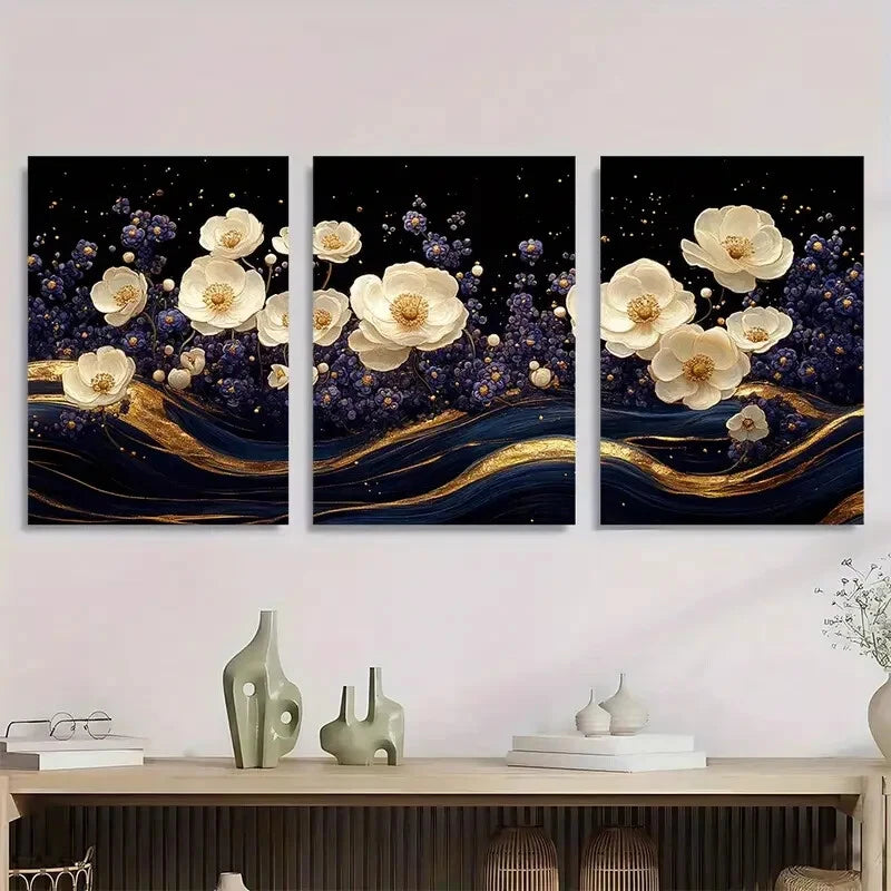 3pcs Elegant Floral White Jasmine & Blue Metal Print Ready to Hang Art