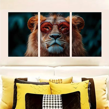3pcs Lion with Glasses, Anthropomorphic Animal Metal Print Ready to Hang Art