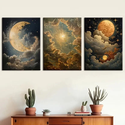 3pcs Moonlit Clouds Golden Sunset and Starry Skies Metal Print Ready to Hang Art