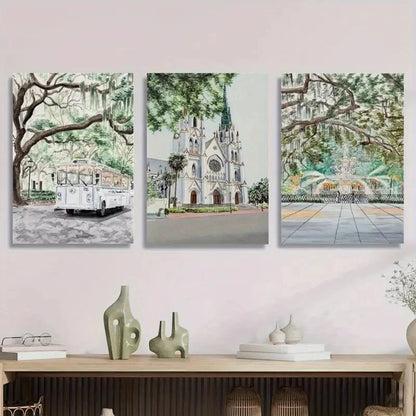 3pcs Trolley Cathedral and Fountain Scenes Metal Print Ready to Hang Art
