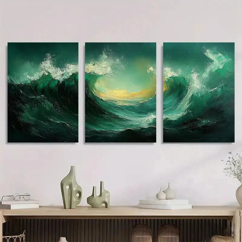 3pcs Stylish Modern Green Abstract Painting Metal Print Ready to Hang Art