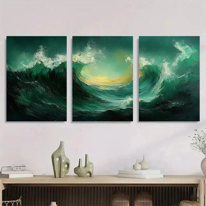3pcs Stylish Modern Green Abstract Painting Metal Print Ready to Hang Art