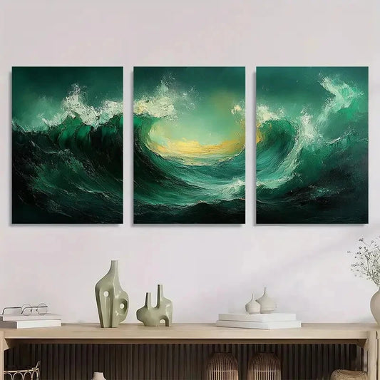 3pcs Stylish Modern Green Abstract Painting Metal Print Ready to Hang Art