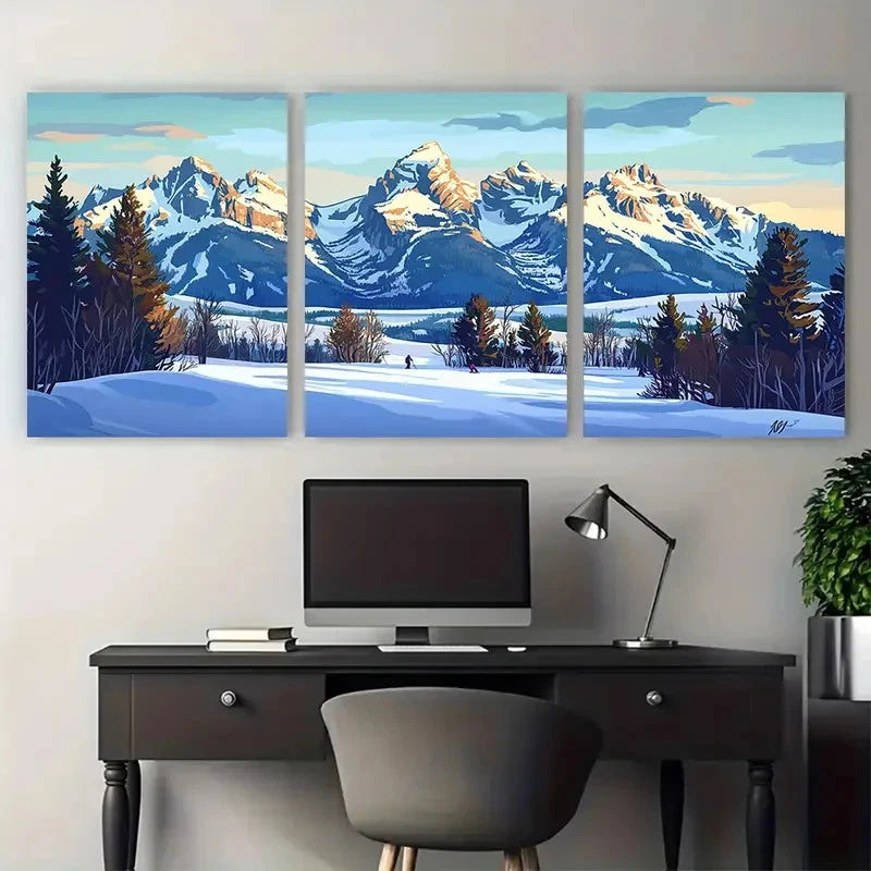 3pcs Jackson Hole Travel Mountain Resort Petal Wall Art Set Canvas Framed 40x60cm - High Quality Print 100% Australian Made Wall Canvas Ready to Hang