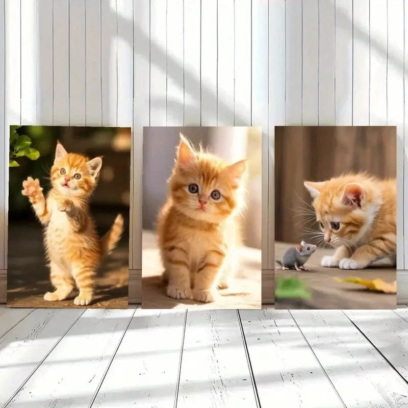 3pcs Adorable Kitten Cartoon Style Animal Metal Print Ready to Hang Art