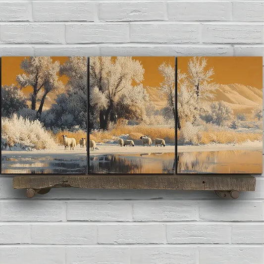 3pcs Sheep In The Snow Modern White Trees Metal Print Ready to Hang Art