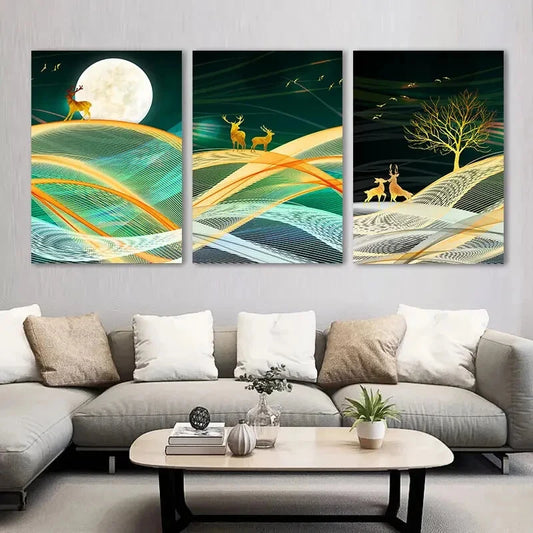 3pcs Moonlit Deer Night Golden Scene Metal Print Ready to Hang Art