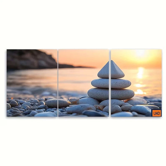 3pcs Balanced Pebble Pyramid on Shore Zen Metal Print Ready to Hang Art