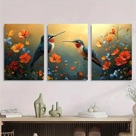 3pcs Hummingbirds and Colorful Flowers Metal Print Ready to Hang Art