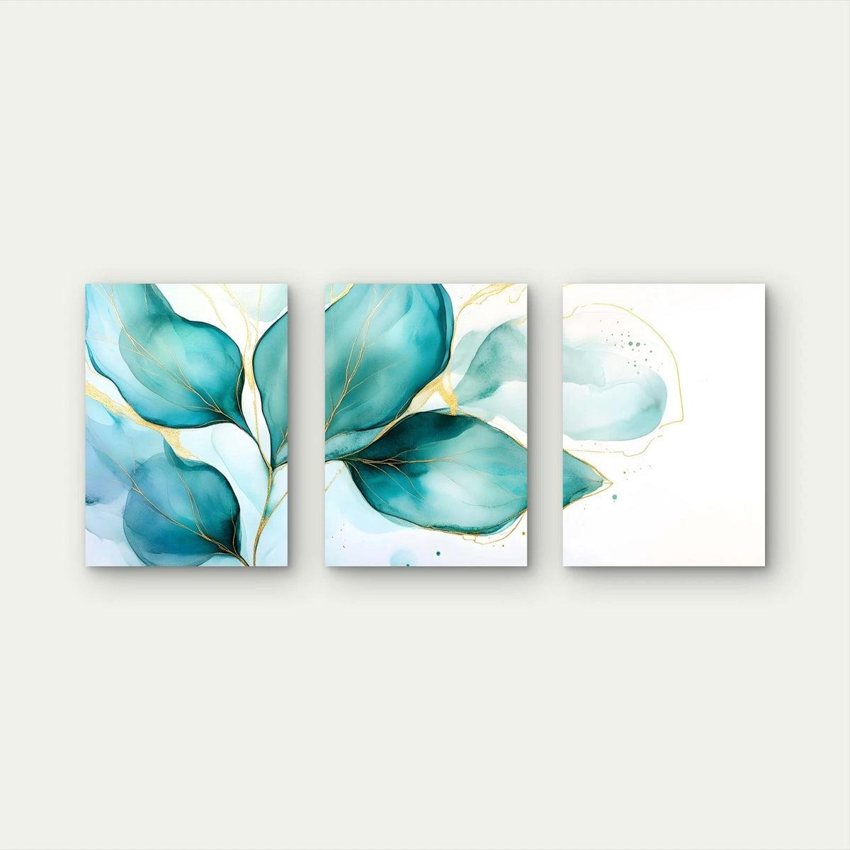 3pcs Emerald Green Leaves Outlined In Gold Wall Art Set Canvas Framed 40x60cm - High Quality Print 100% Australian Made Wall Canvas Ready to Hang