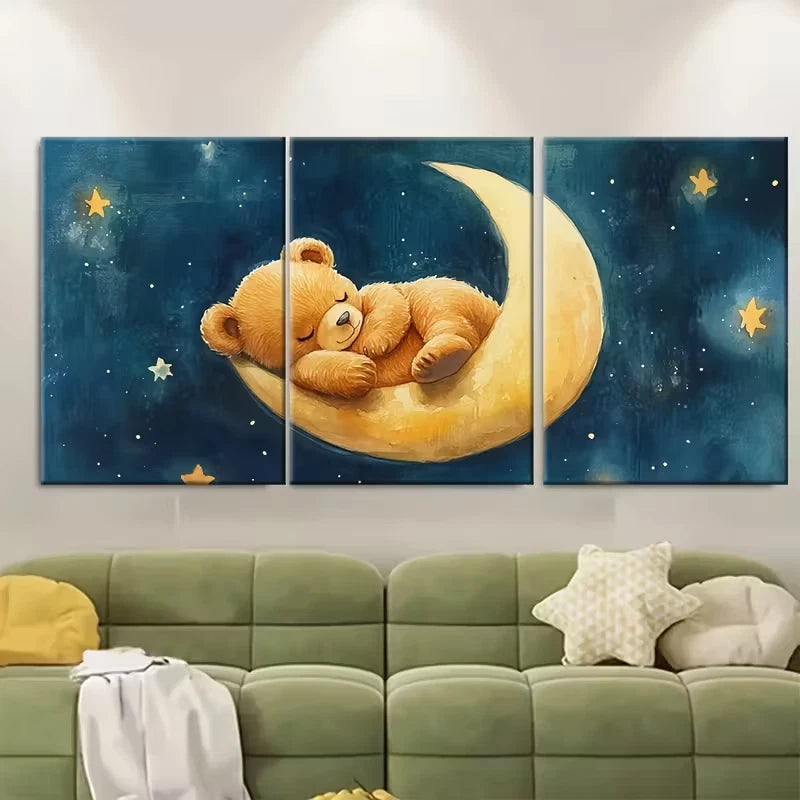 3pcs Cute Watercolor Teddy Bear Napping on Moon Metal Print Ready to Hang Art
