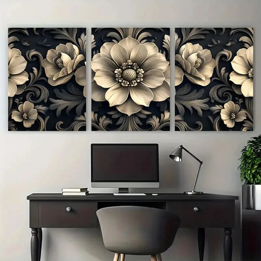 3pcs Elegant Dark Floral Baroque Damask Pattern Metal Print Ready to Hang Art