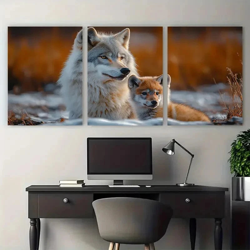 3pcs Arctic Wolf Mother & Pup Wildlife Photography Metal Print Ready to Hang Art