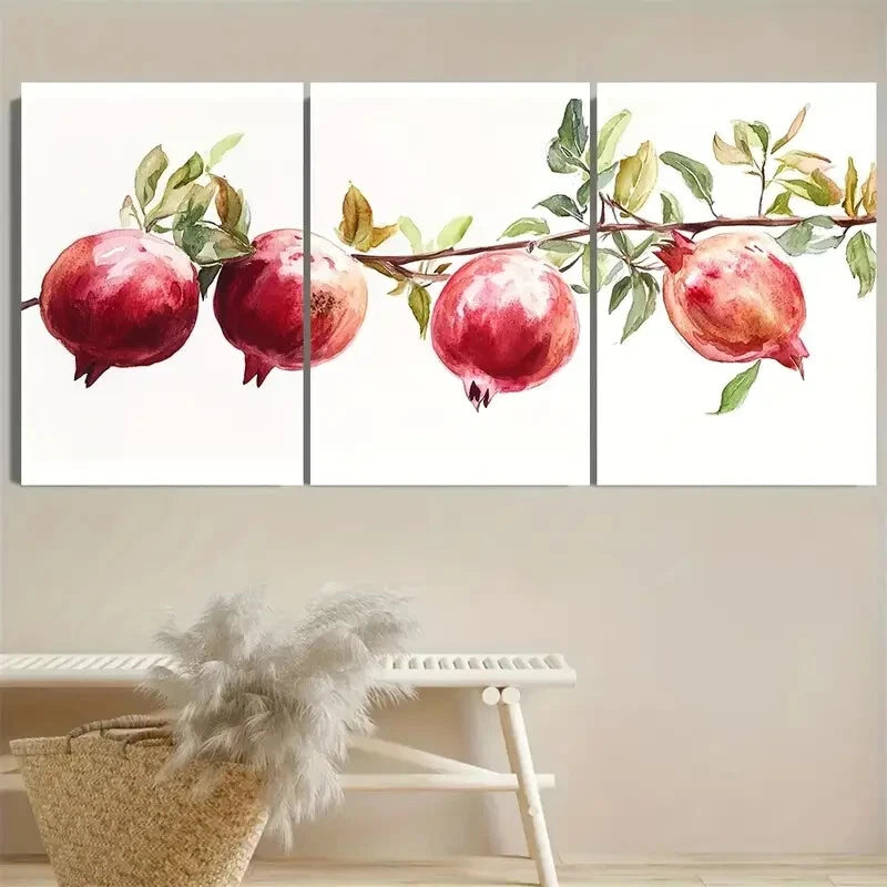 3pcs Pomegranate Fruits On Branch Farmhouse Metal Print Ready to Hang Art