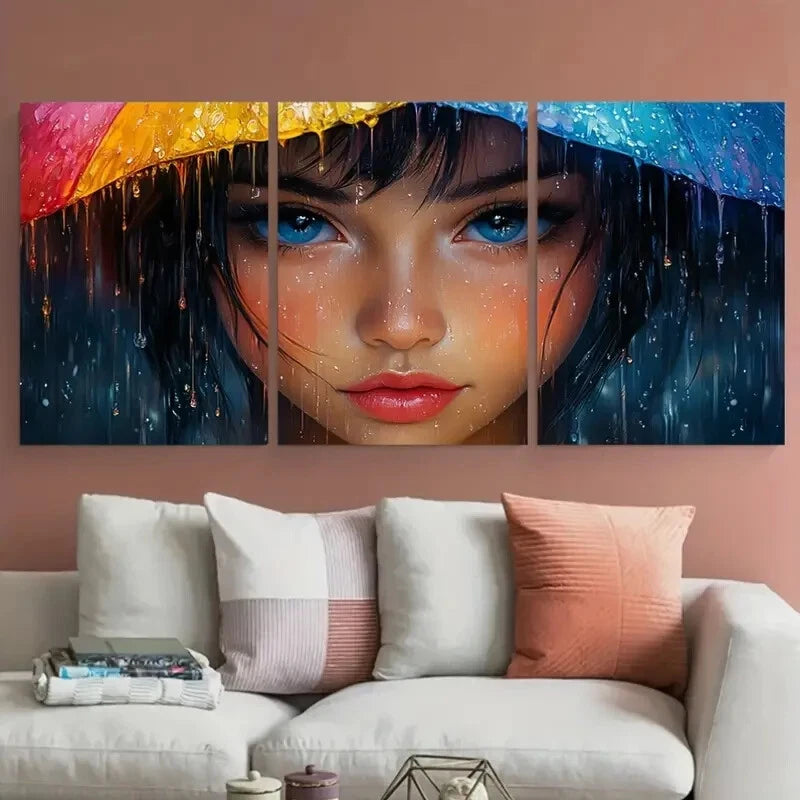 3pcs Rain Cute Princess Elegant Illustration Metal Print Ready to Hang Art