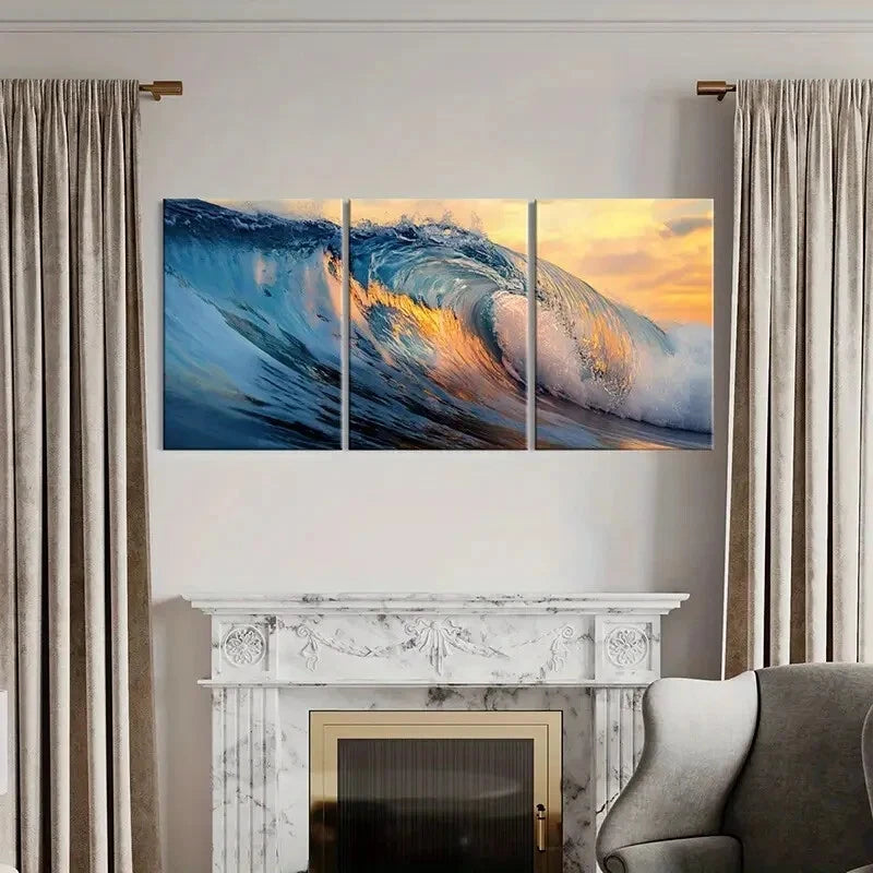 3pcs Ocean Wave Sunset Glow Nature Landscape Metal Print Ready to Hang Art