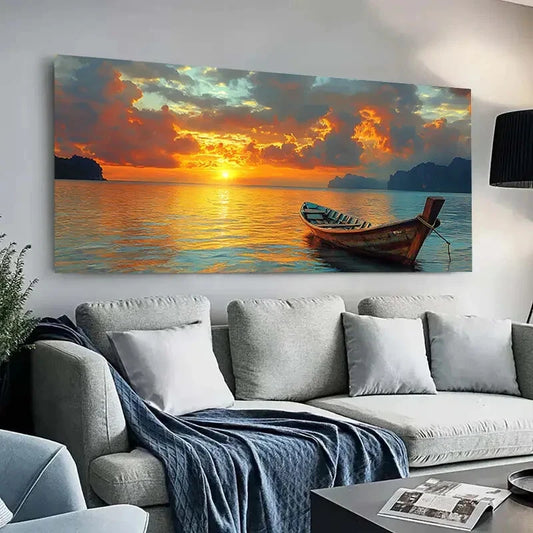 Serene Boats Sunset Lake Wall Art wall canvas office home room framed 120x60cm