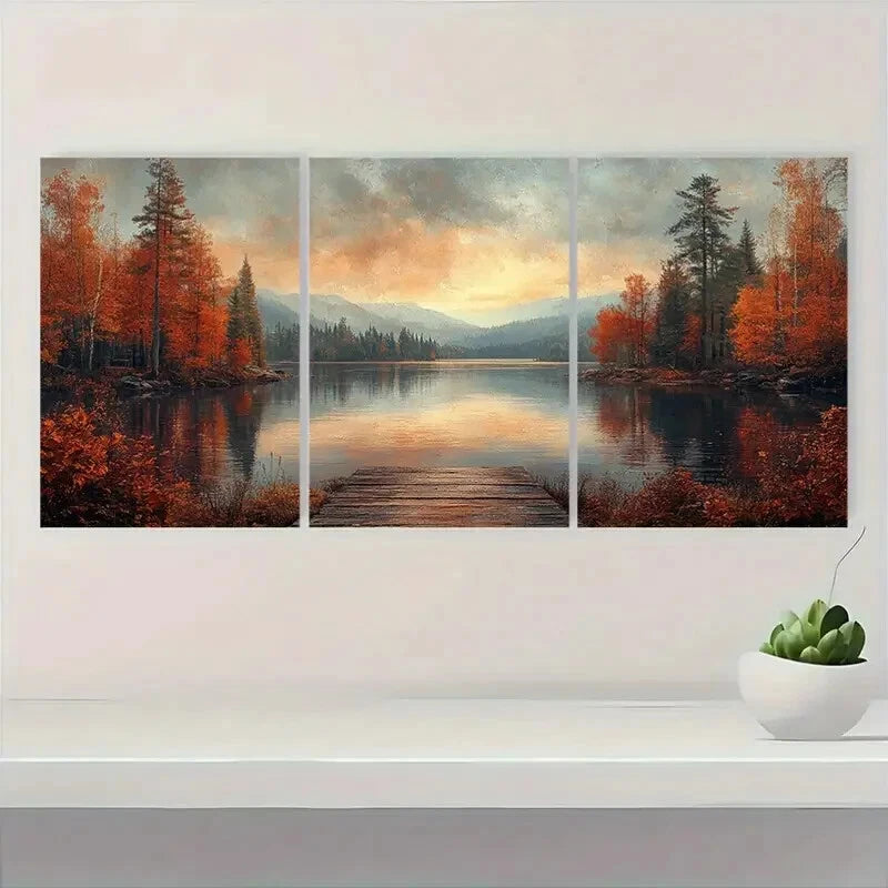 3pcs Autumn Lake Rustic Nature Scene Metal Print Ready to Hang Art