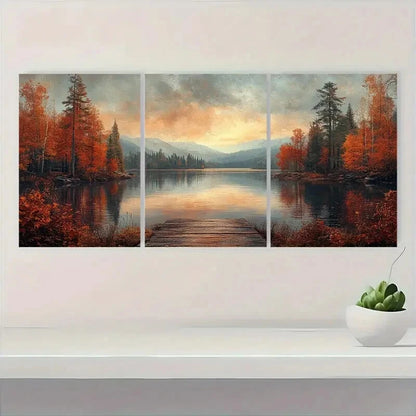 3pcs Autumn Lake Rustic Nature Scene Metal Print Ready to Hang Art