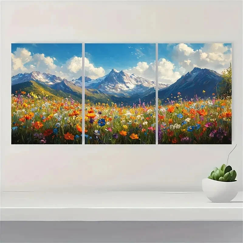 3pcs Vibrant Mountain and Wildflower Art Metal Print Ready to Hang Art