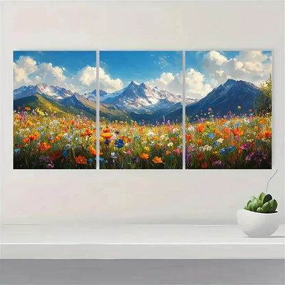 3pcs Vibrant Mountain and Wildflower Art Metal Print Ready to Hang Art