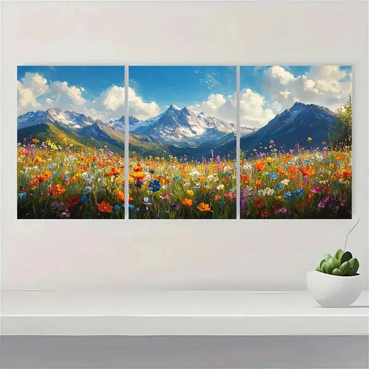 3pcs Vibrant Mountain and Wildflower Art Metal Print Ready to Hang Art