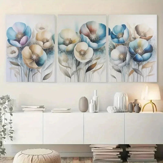3pcs Blue Flowers Neutral Leaves Painting Metal Print Ready to Hang Art