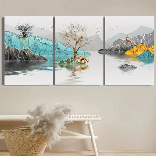 3pcs Deer Modern Abstract Landscape Metal Print Ready to Hang Art