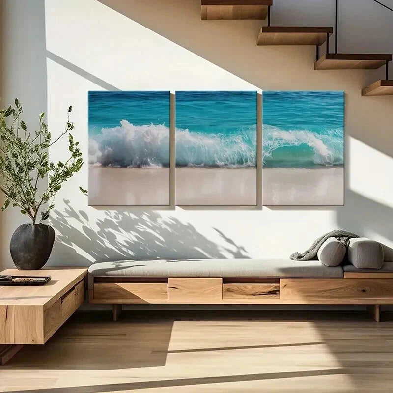 3pcs Ocean Wave Turquoise Water Sandy Beach Wall Art Set Canvas Framed 40x60cm - High Quality Print 100% Australian Made Wall Canvas Ready to Hang