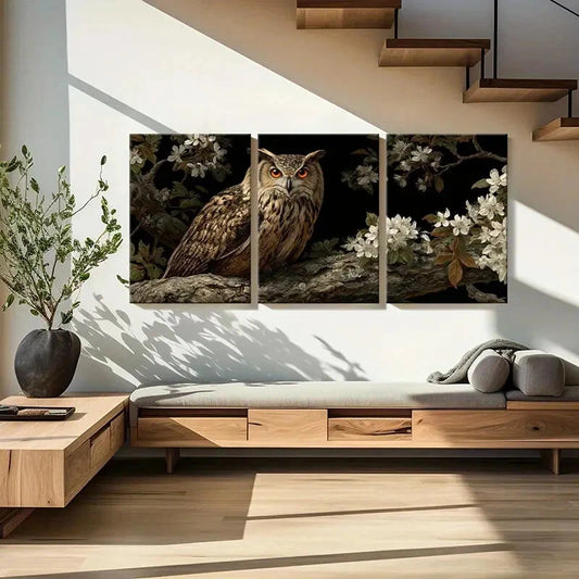 3pcs Owl Artwork Floral Design Night Scene Metal Print Ready to Hang Art