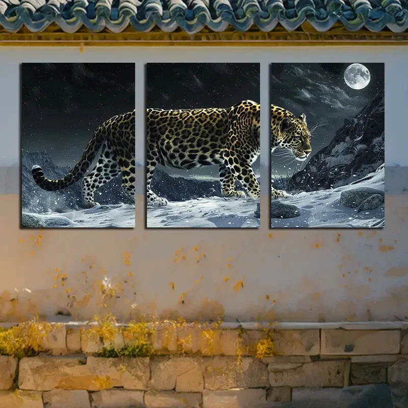 3pcs Leopard on the Mountain with Moon View Scene Metal Print Ready to Hang Art
