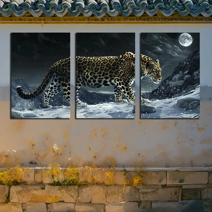 3pcs Leopard on the Mountain with Moon View Scene Metal Print Ready to Hang Art
