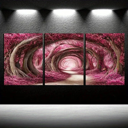 3pcs Enchanting Pink Forest with Pathway Metal Print Ready to Hang Art