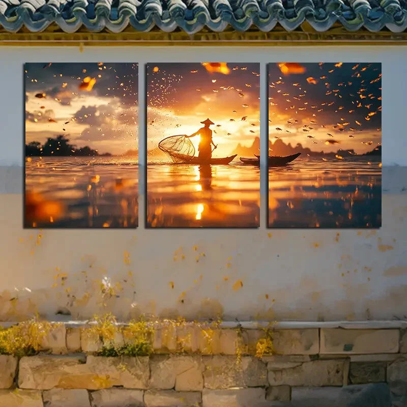 3pcs Vibrant Fishermen on the Sea Surface Metal Print Ready to Hang Art