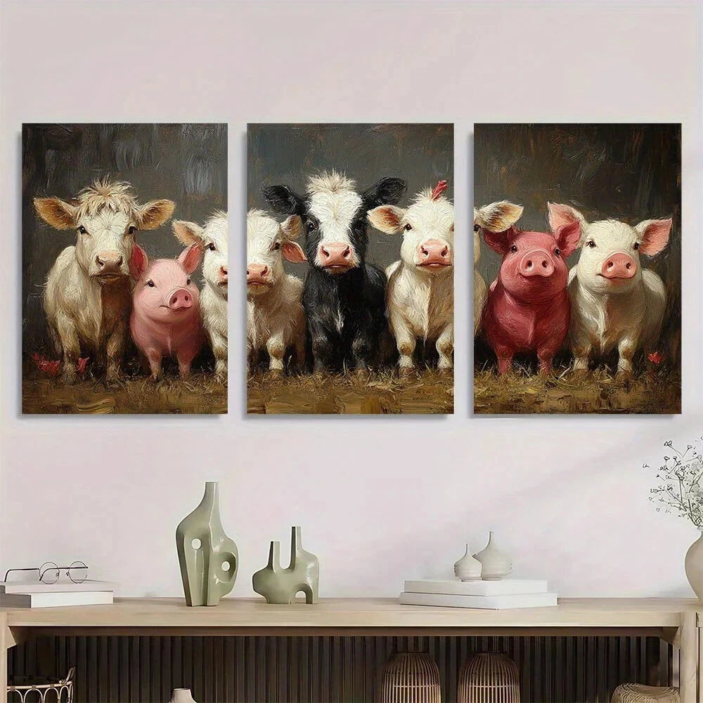 3pcs Highland Cows Donkeys Pigs & Rooster Metal Print Ready to Hang Art