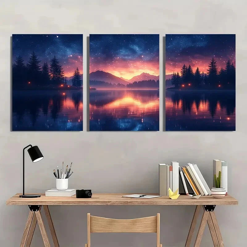 3pcs Pine Trees & Mountain Night Sky Landscape Metal Print Ready to Hang Art