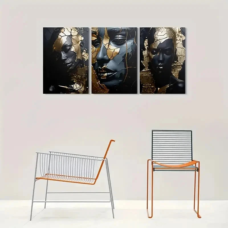 3pcs Golden and Black Cracked Face Metal Print Ready to Hang Art