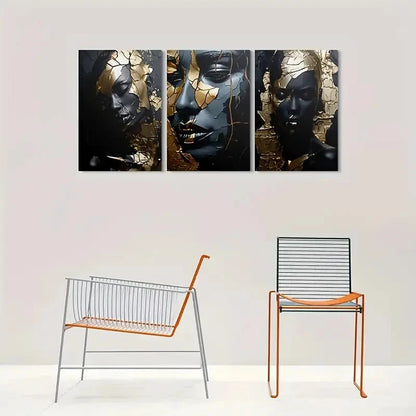 3pcs Golden and Black Cracked Face Metal Print Ready to Hang Art