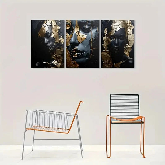 3pcs Golden and Black Cracked Face Metal Print Ready to Hang Art
