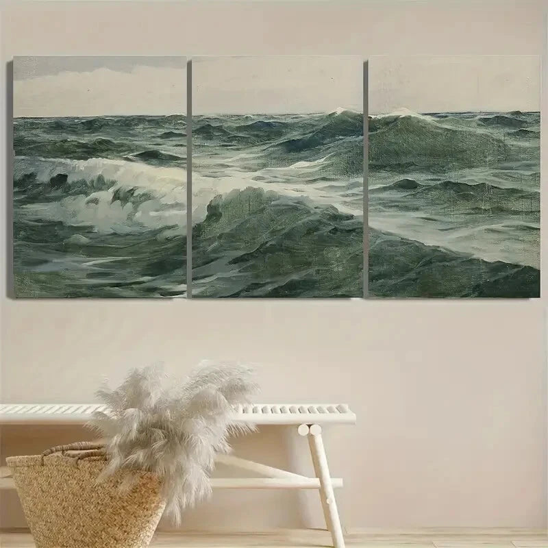 3pcs Vintage Seascape Illustration Metal Print Ready to Hang Art