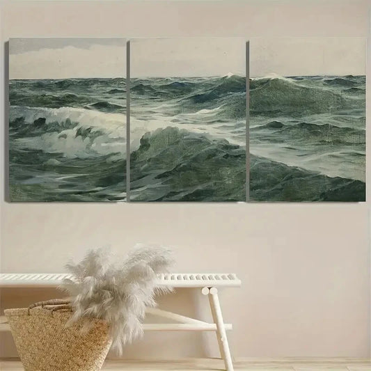 3pcs Vintage Seascape Illustration Metal Print Ready to Hang Art