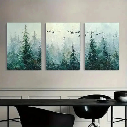 3pcs Forest with Pine Trees And Flying Birds Metal Print Ready to Hang Art