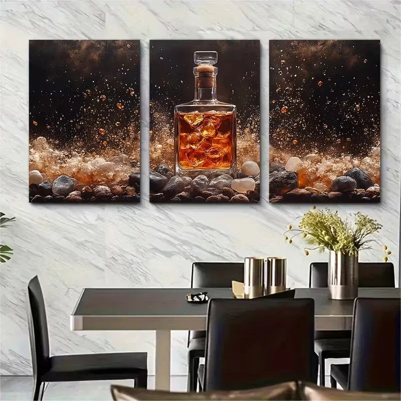 3pcs Minimalist Whisky Bottle Metal Print Ready to Hang Art