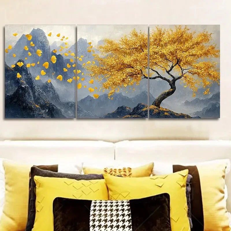 3pcs Golden Tree Modern Style Metal Print Ready to Hang Art