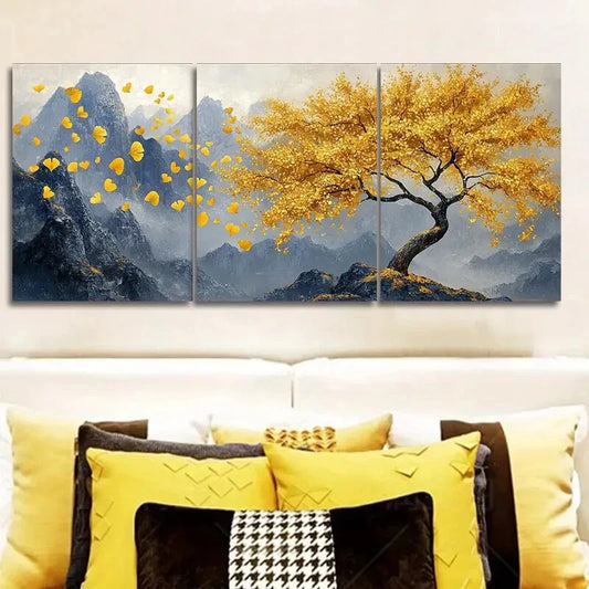 3pcs Golden Tree Modern Style Metal Print Ready to Hang Art