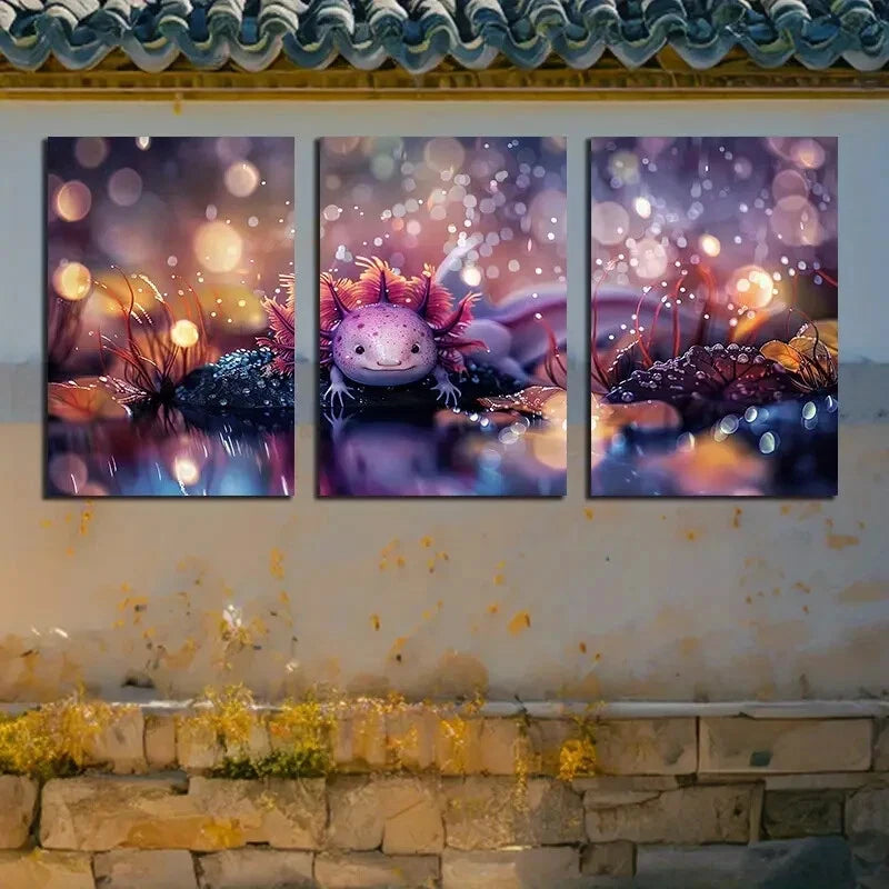 3pcs Smiling Axolotl by The Pool Design Metal Print Ready to Hang Art