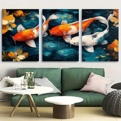 3pcs Colorful Koi Pond Vibrant Aquatic Design Metal Print Ready to Hang Art